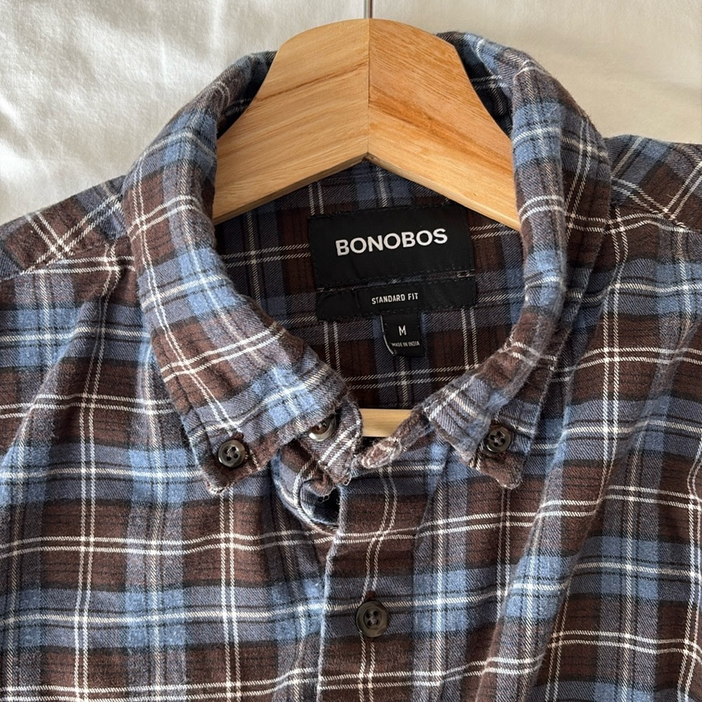 Men’s brown and blue long sleeve button down